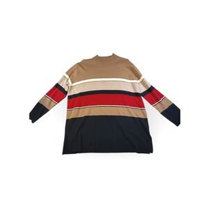 Karen Lessly 1X Striped Mock Neck‎ Sweater Camel Red Black White Long Sleeve